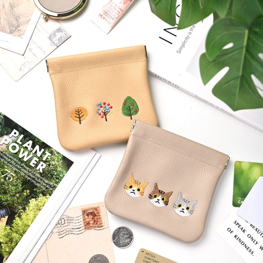 サンポ刺繍 ばね口 マルチポーチ 【 シュリンクレザー 刺繍 】 本革 姫路レザー 小物入れ アクセサリーポーチ