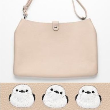 シマエナガとネコ ショルダーバッグ 【 シュリンクレザー 刺繍 】姫路レザー 長さ調節可ストラップ ポシェット