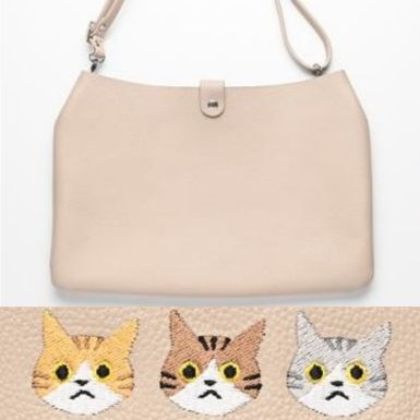 シマエナガとネコ ショルダーバッグ 【 シュリンクレザー 刺繍 】姫路レザー 長さ調節可ストラップ ポシェット