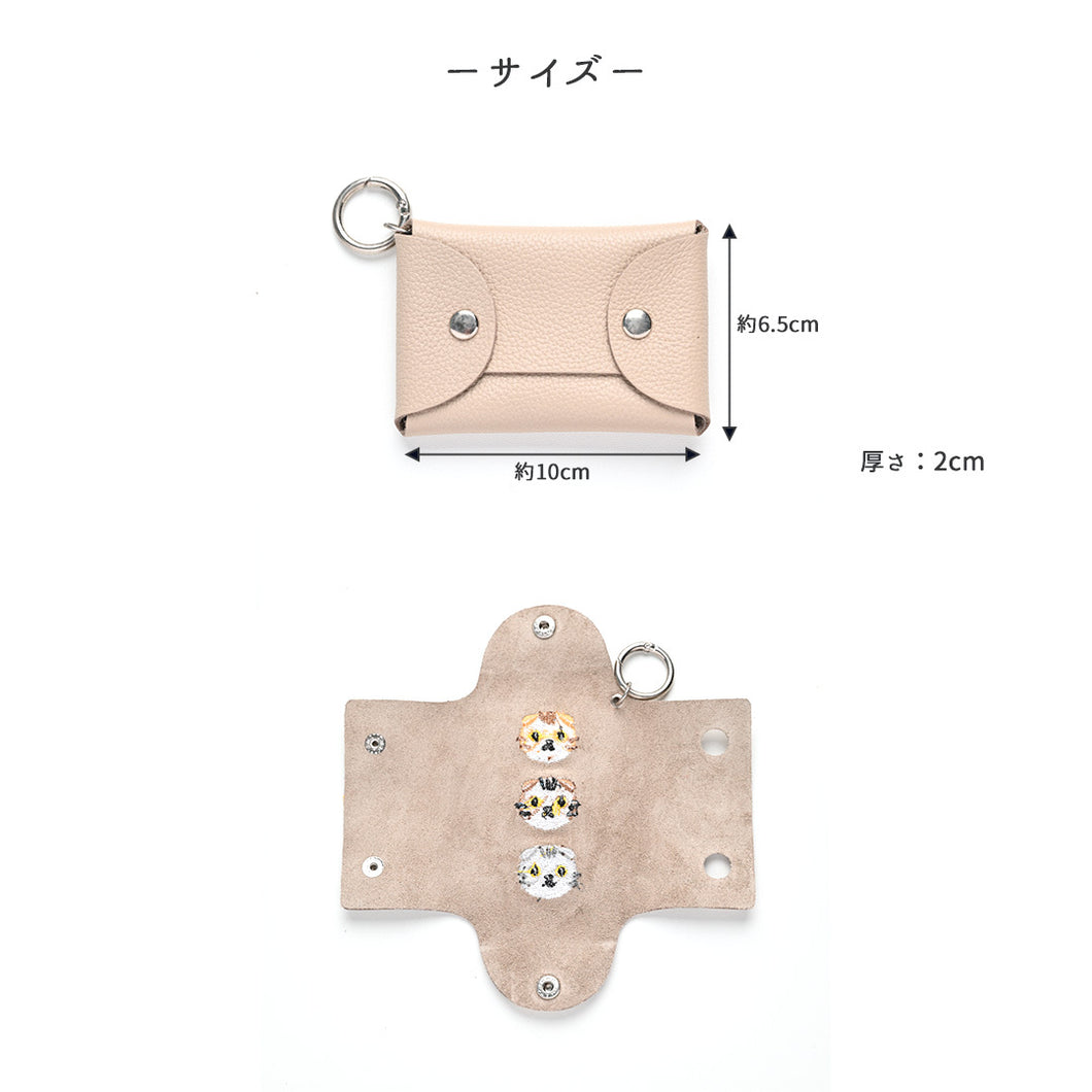 シマエナガとネコ マルチポーチ 【 シュリンクレザー 刺繍 】 カード収納 小物入れ