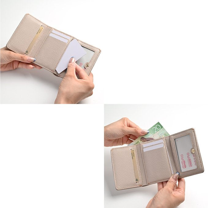 シマエナガとネコ シンプル 三つ折り財布 【 シュリンクレザー 刺繍 】 ミニ財布 ミニウォレット コンパクトウォレット 本革