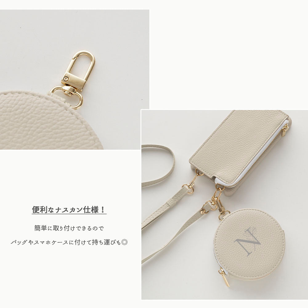 ミラー付き ラウンドポーチ simple イニシャル × 花