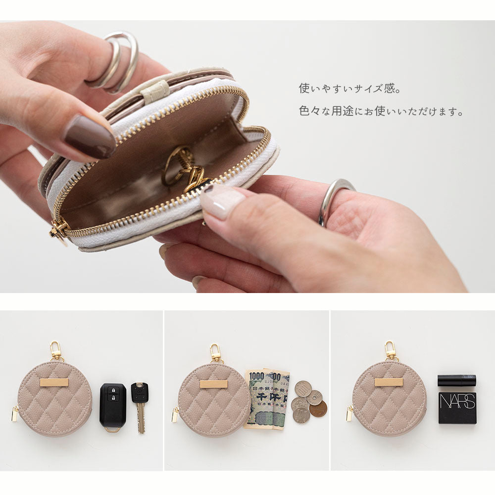 ミラー付き ラウンドポーチ キルティング simple ネームプレート 名入れ