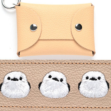 シマエナガとネコ マルチポーチ 【 シュリンクレザー 刺繍 】 カード収納 小物入れ