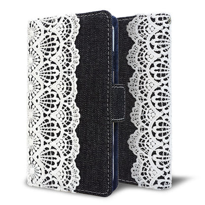 AQUOS wish5 SH-M32 スマホケース 手帳型 デニム レース ミラー付 耐衝撃