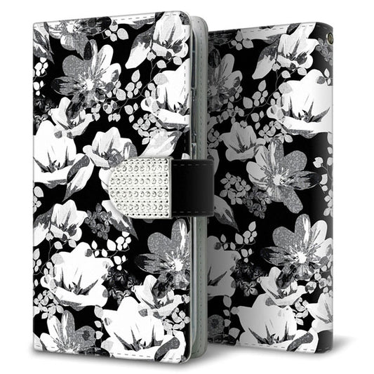 iPhone16 Plus モノトーンフラワーキラキラバックル 手帳型ケース 耐衝撃