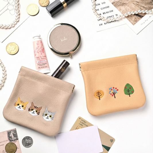 サンポ刺繍 ばね口 マルチポーチ 【 シュリンクレザー 刺繍 】 本革 姫路レザー 小物入れ アクセサリーポーチ