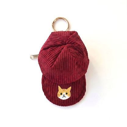 コーデュロイ キャップポーチ 刺繍 猫 小物入れ