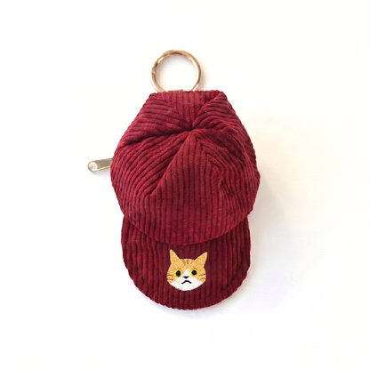 コーデュロイ キャップポーチ 刺繍 猫 小物入れ