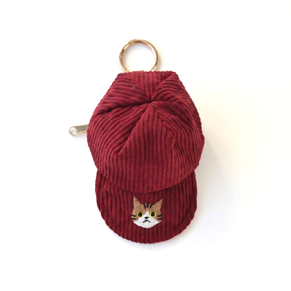 コーデュロイ キャップポーチ 刺繍 猫 小物入れ