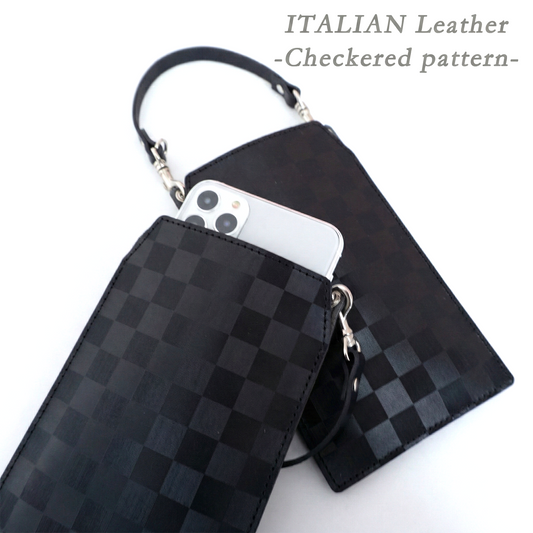 イタリアンレザー 市松模様 スマホポーチ