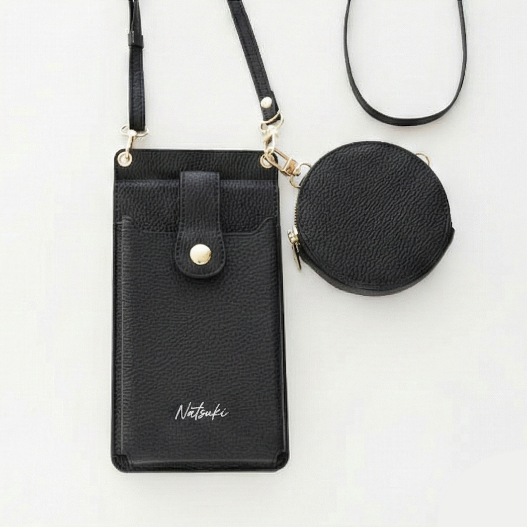 ミラー付き スマホポシェット＆ラウンドポーチ セット simple 名入れ ミニ財布