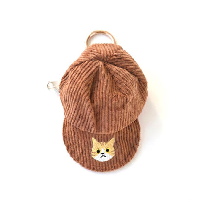 コーデュロイ キャップポーチ 刺繍 猫 小物入れ