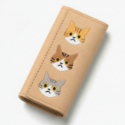 シマエナガとネコ 三つ折り キーケース 【 シュリンクレザー 刺繍 】 姫路レザー 本革