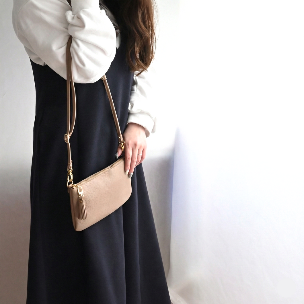 姫路レザー シュリンクレザー 横型ファスナーポシェット