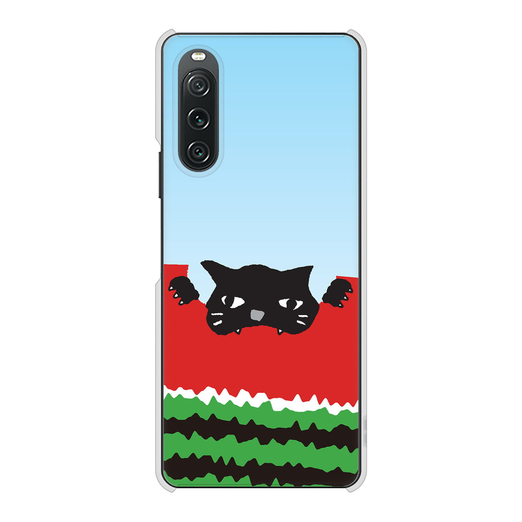 Xperia 10 V A302SO SoftBank 高画質仕上げ 背面印刷 ハードケースすいかをかじるネコ