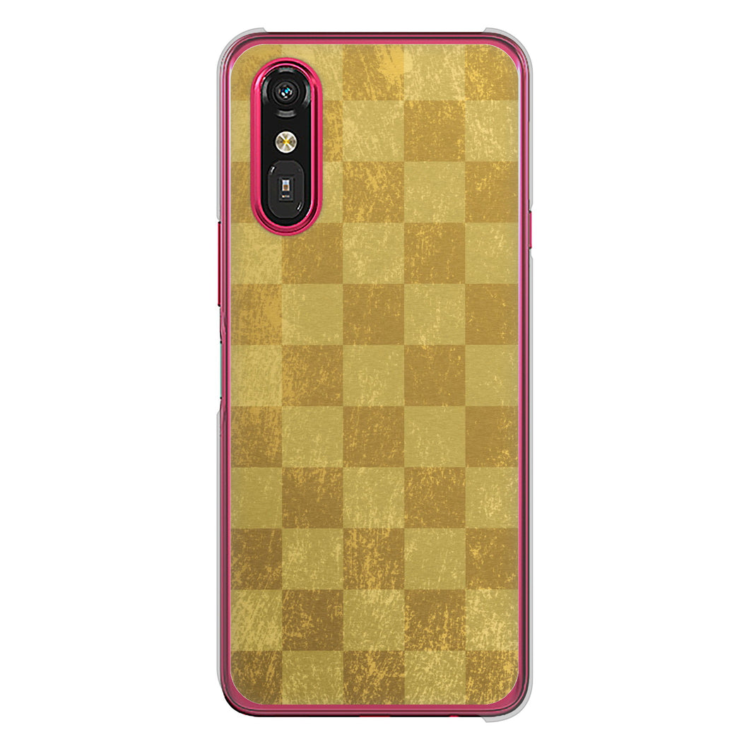らくらくスマートフォン a A401FC  Y!mobile 高画質仕上げ 背面印刷 ハードケース 【619 市松模様-金（骨董風に傷んだイメージ）】