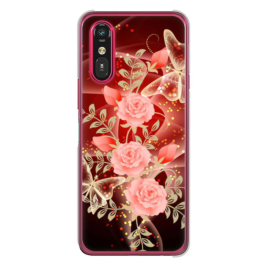 らくらくスマートフォン a A401FC  Y!mobile 高画質仕上げ 背面印刷 ハードケース 【VA824 魅惑の蝶とピンクのバラ】