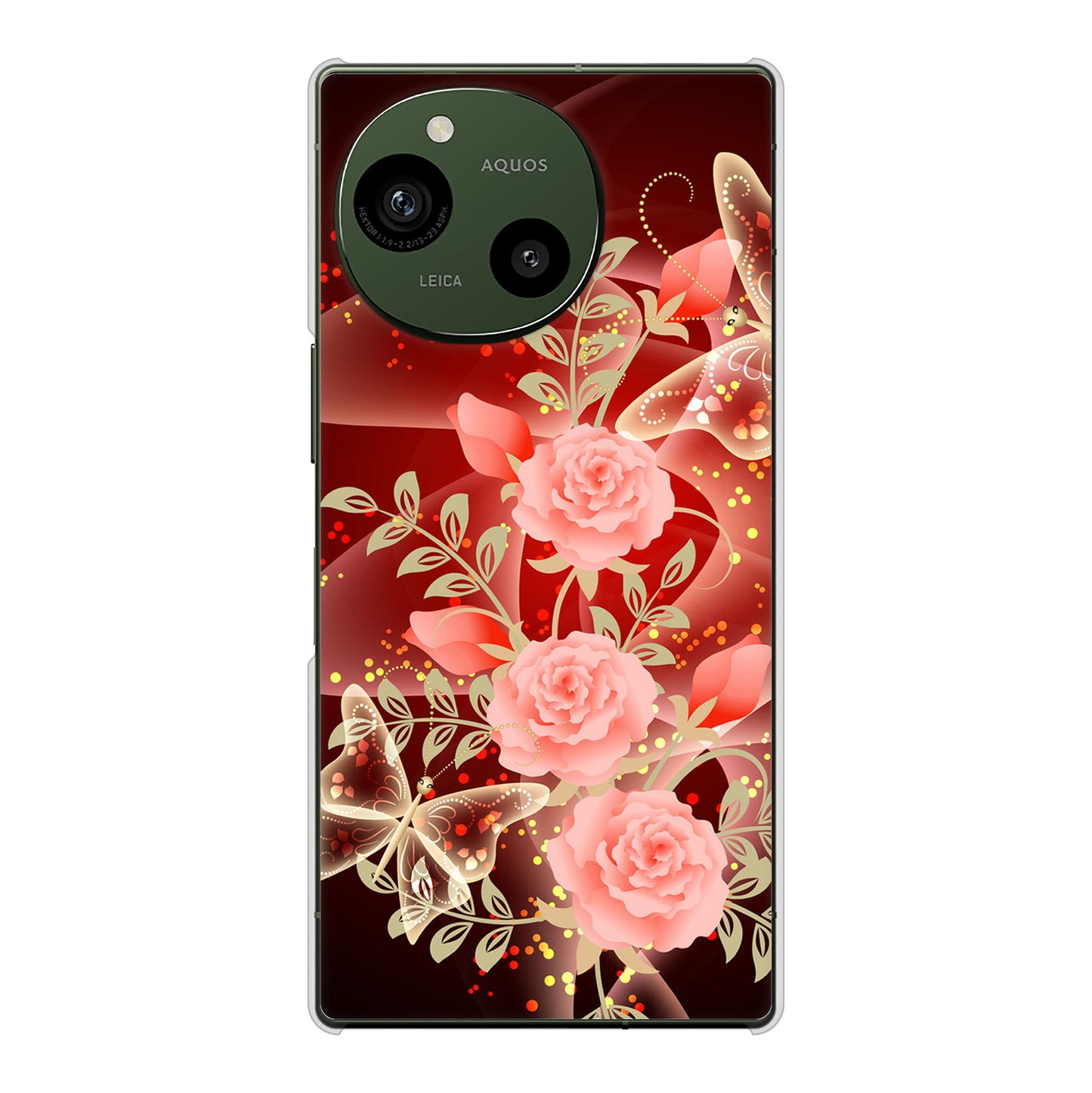 AQUOS R9 A401SH SoftBank 高画質仕上げ 背面印刷 ハードケース 【VA824 魅惑の蝶とピンクのバラ】