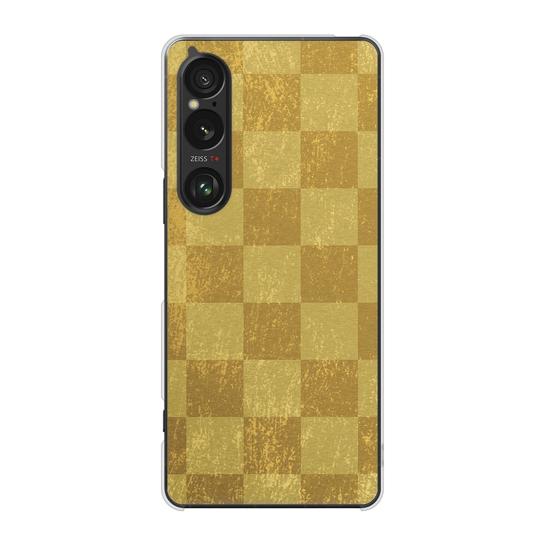 Xperia 1 VI A401SO SoftBank 高画質仕上げ 背面印刷 ハードケース 【619 市松模様-金（骨董風に傷んだイメージ）】