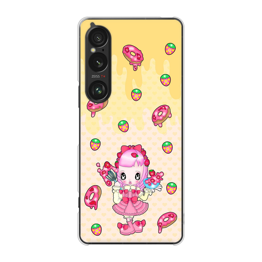 Xperia 1 VI A401SO SoftBank 高画質仕上げ 背面印刷 ハードケースむかいあぐる ストロベリードーナツ