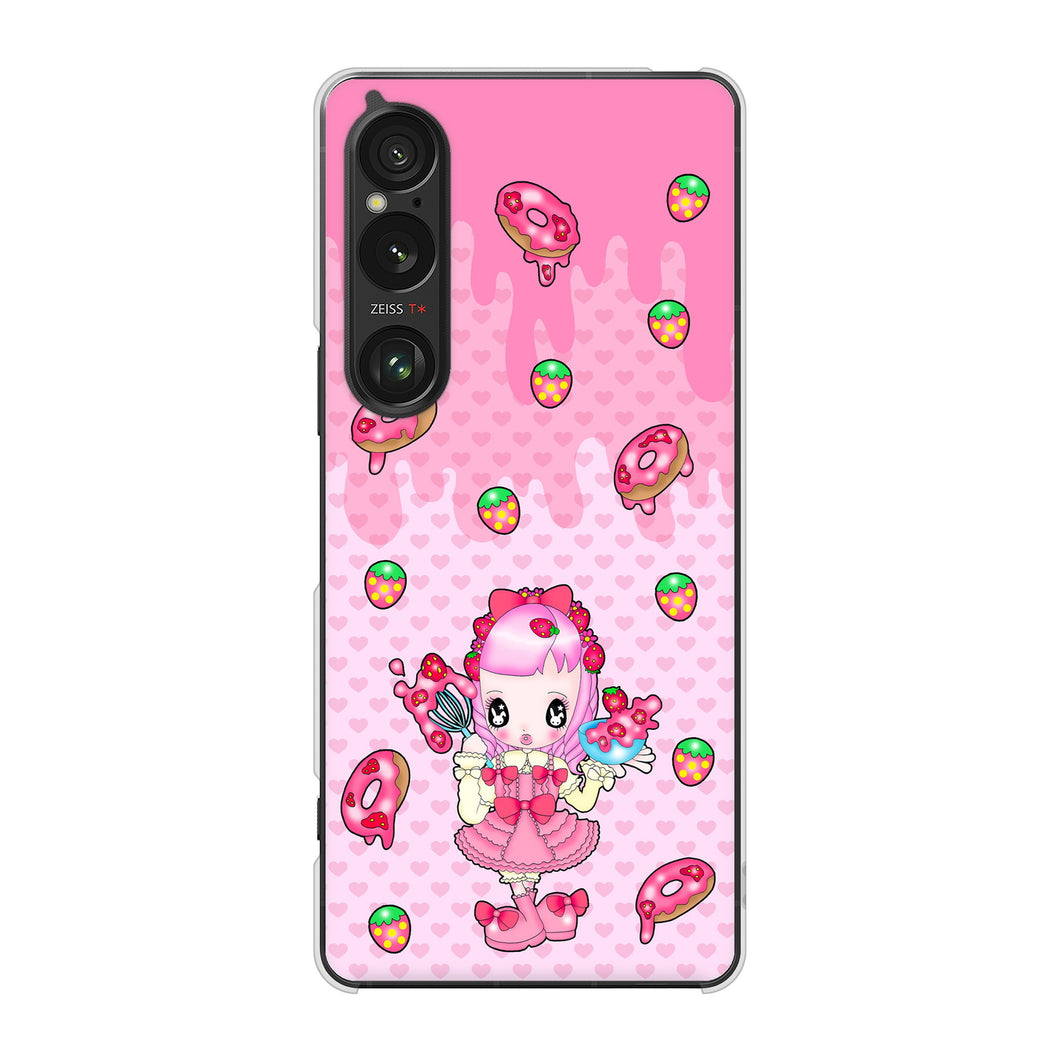 Xperia 1 VI A401SO SoftBank 高画質仕上げ 背面印刷 ハードケースむかいあぐる ストロベリードーナツ