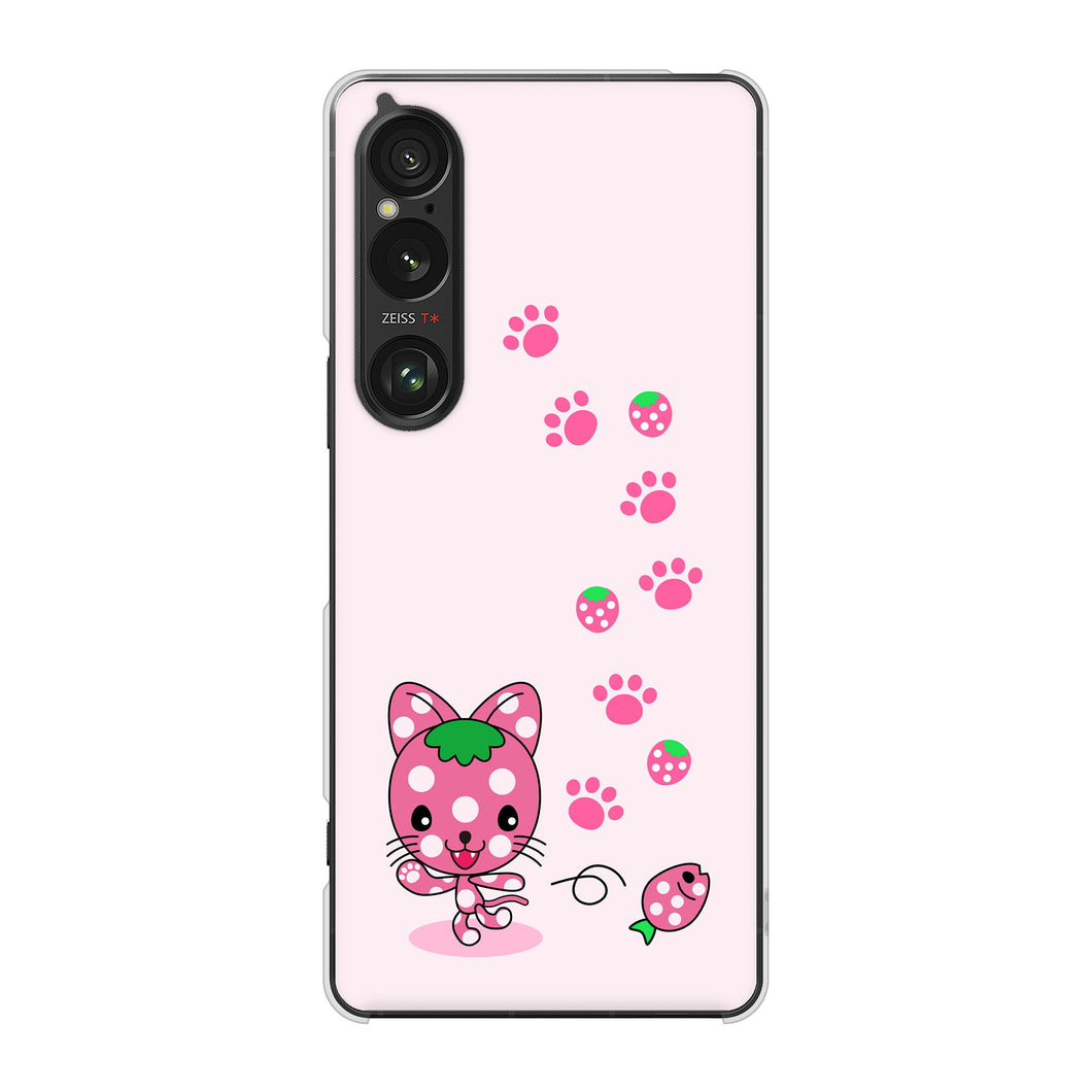 Xperia 1 VI A401SO SoftBank 高画質仕上げ 背面印刷 ハードケースむかいあぐる イチゴ猫のにゃんベリー