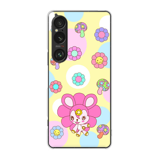 Xperia 1 VI A401SO SoftBank 高画質仕上げ 背面印刷 ハードケースむかいあぐる フラワーうさぎのフラッピョン