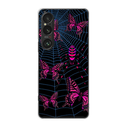 Xperia 1 VI A401SO SoftBank 高画質仕上げ 背面印刷 ハードケースむかいあぐる 蜘蛛の巣に舞う蝶