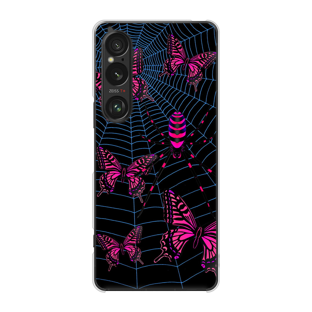 Xperia 1 VI A401SO SoftBank 高画質仕上げ 背面印刷 ハードケースむかいあぐる 蜘蛛の巣に舞う蝶