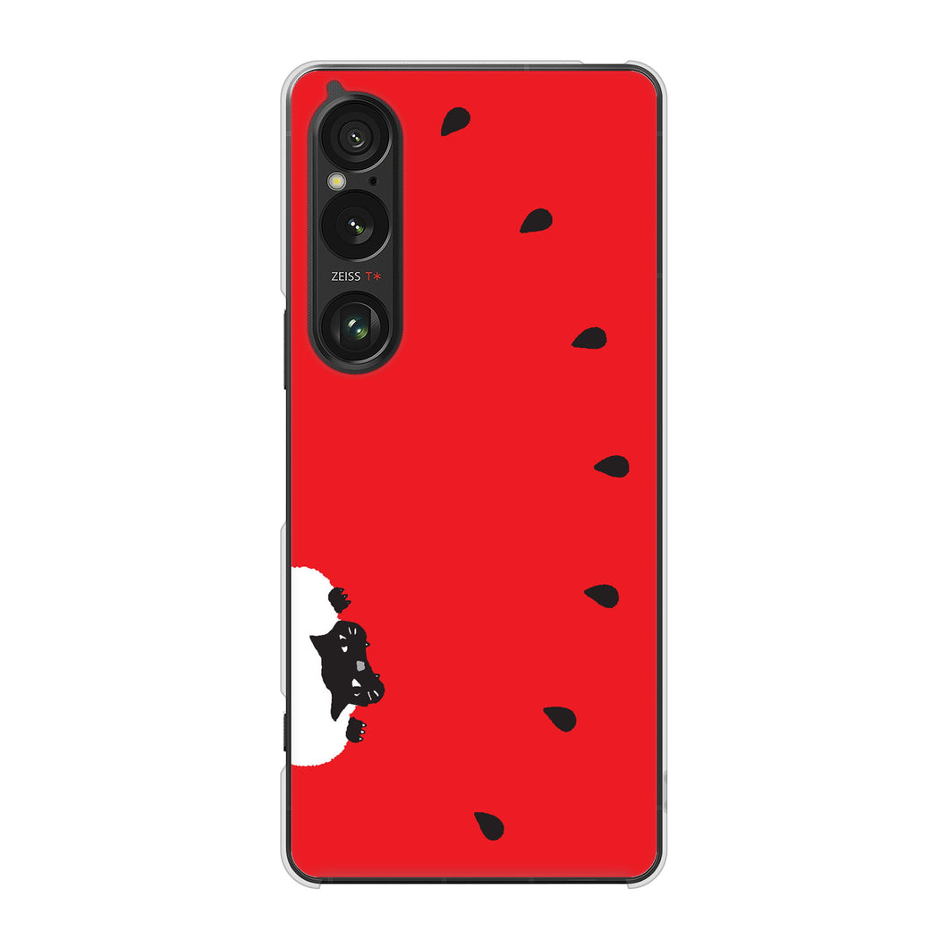 Xperia 1 VI A401SO SoftBank 高画質仕上げ 背面印刷 ハードケースすいかをかじるネコ