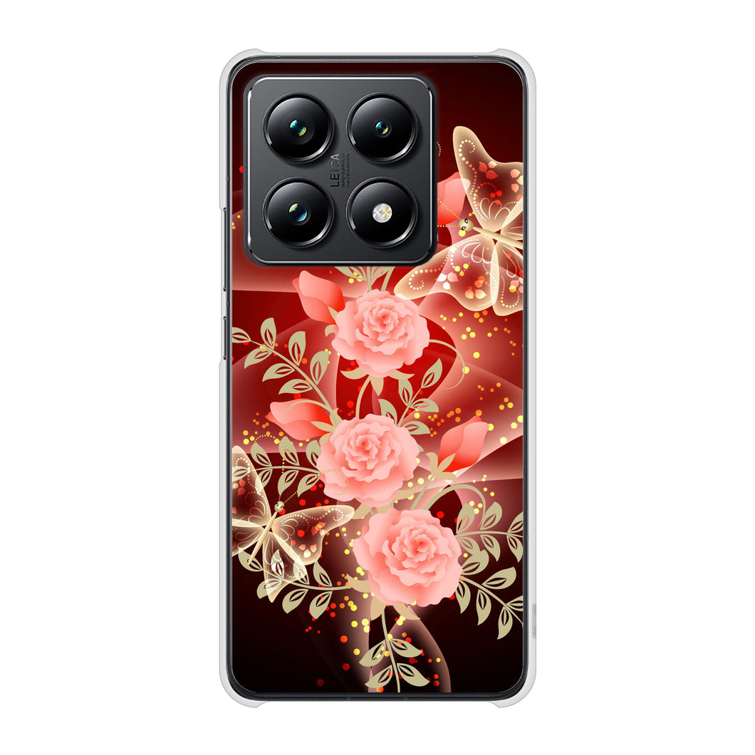 Xiaomi 14T Pro A402XM SoftBank 高画質仕上げ 背面印刷 ハードケース 【VA824 魅惑の蝶とピンクのバラ】