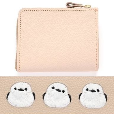 シマエナガとネコ マチあり L字ファスナー コインケース 【 シュリンクレザー 刺繍 】 本革 財布 ミニウォレット 姫路レザー