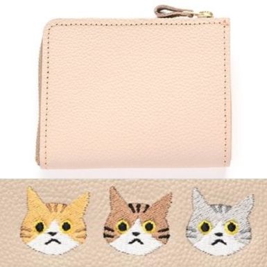 シマエナガとネコ マチあり L字ファスナー コインケース 【 シュリンクレザー 刺繍 】 本革 財布 ミニウォレット 姫路レザー