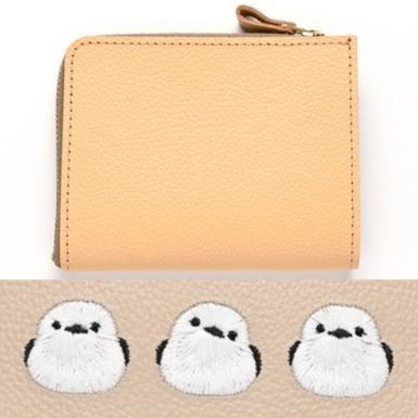 シマエナガとネコ マチあり L字ファスナー コインケース 【 シュリンクレザー 刺繍 】 本革 財布 ミニウォレット 姫路レザー