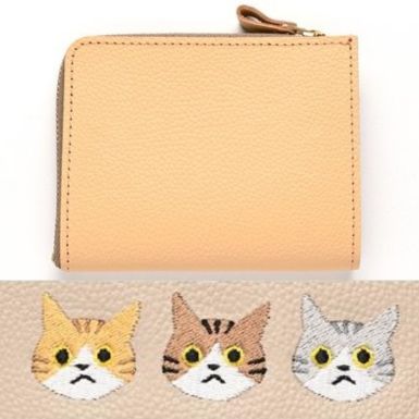 シマエナガとネコ マチあり L字ファスナー コインケース 【 シュリンクレザー 刺繍 】 本革 財布 ミニウォレット 姫路レザー