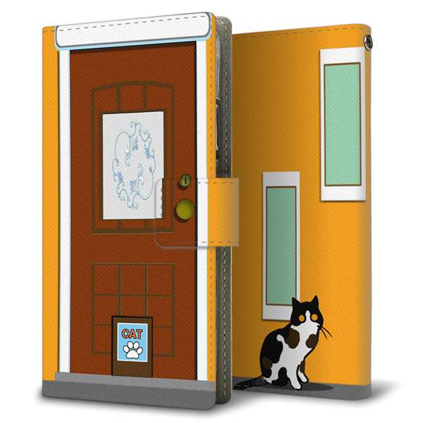 OPPO Reno7 A 高画質仕上げ プリント手帳型ケース ( 薄型スリム )猫とドア