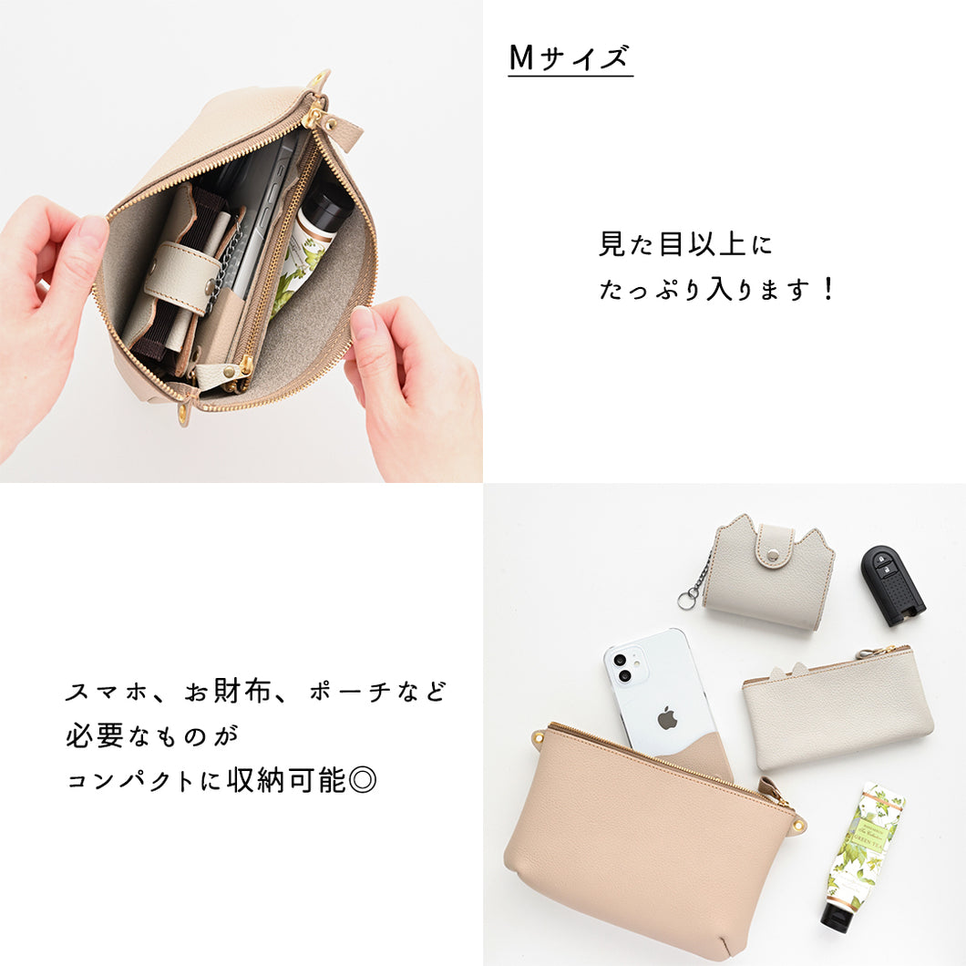 姫路レザー シュリンクレザー 横型マチありファスナーポシェット