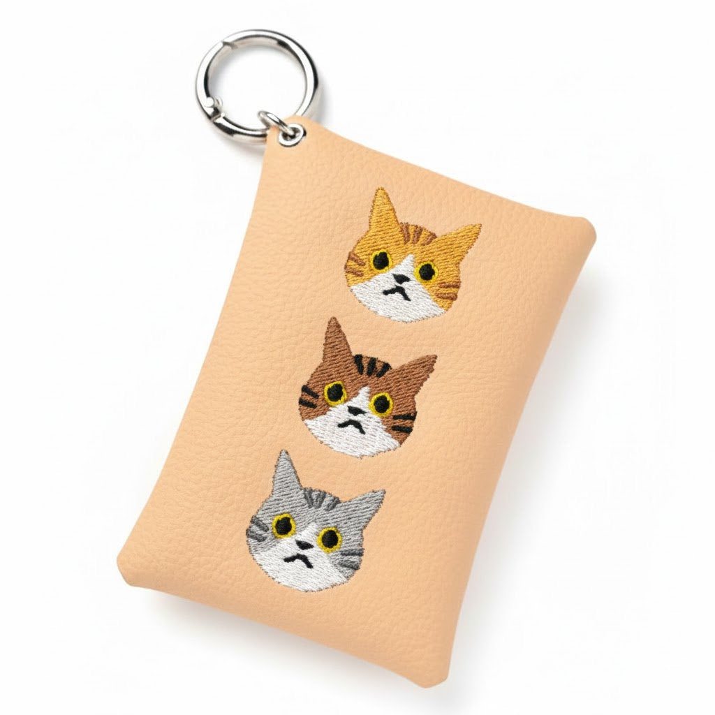 シマエナガとネコ マルチポーチ 【 シュリンクレザー 刺繍 】 カード収納 小物入れ