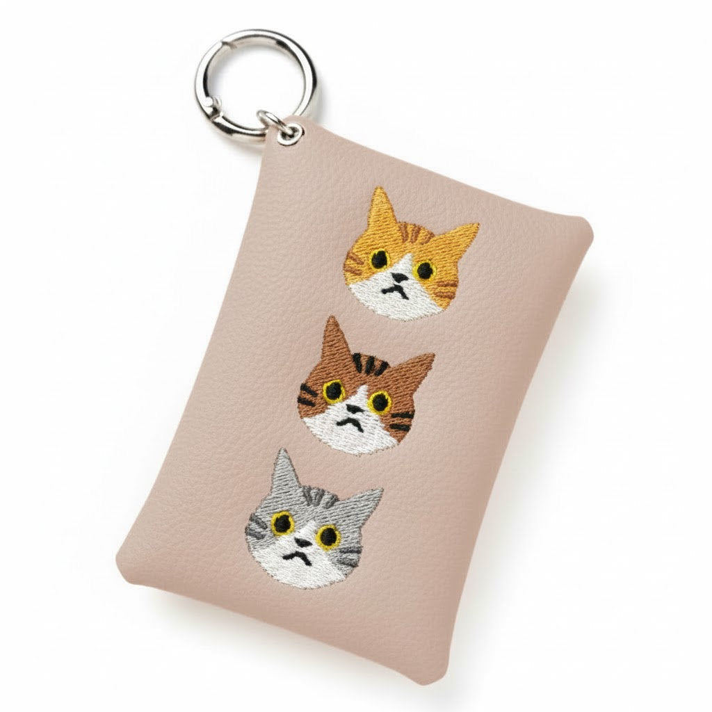 シマエナガとネコ マルチポーチ 【 シュリンクレザー 刺繍 】 カード収納 小物入れ