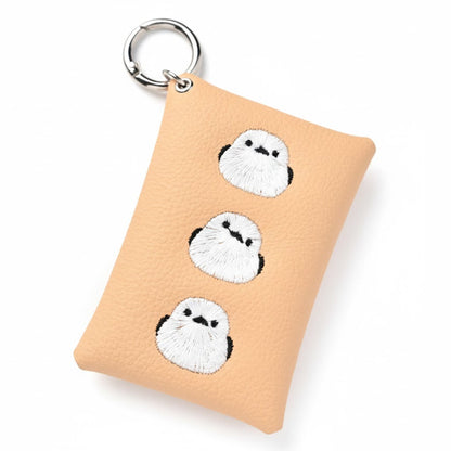 シマエナガとネコ マルチポーチ 【 シュリンクレザー 刺繍 】 カード収納 小物入れ