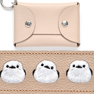 シマエナガとネコ マルチポーチ 【 シュリンクレザー 刺繍 】 カード収納 小物入れ