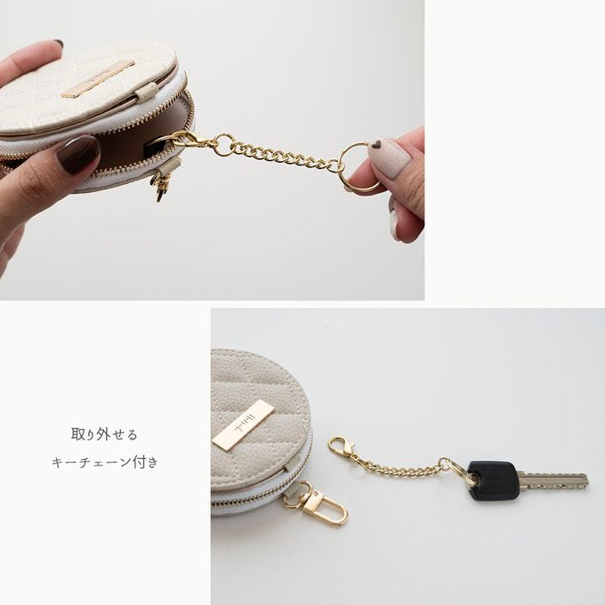 ミラー付き ラウンドポーチ キルティング simple ネームプレート 名入れ