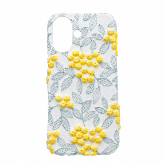 iPhone14 Pro Max ぷっくりミモザ 刺繍 くすみカラー まるっと全貼りハードケース