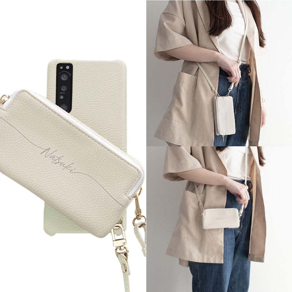 Xperia Ace III SOG08 au 回転式ミニ財布付きスマホショルダー くすみカラー Simple 名入れ