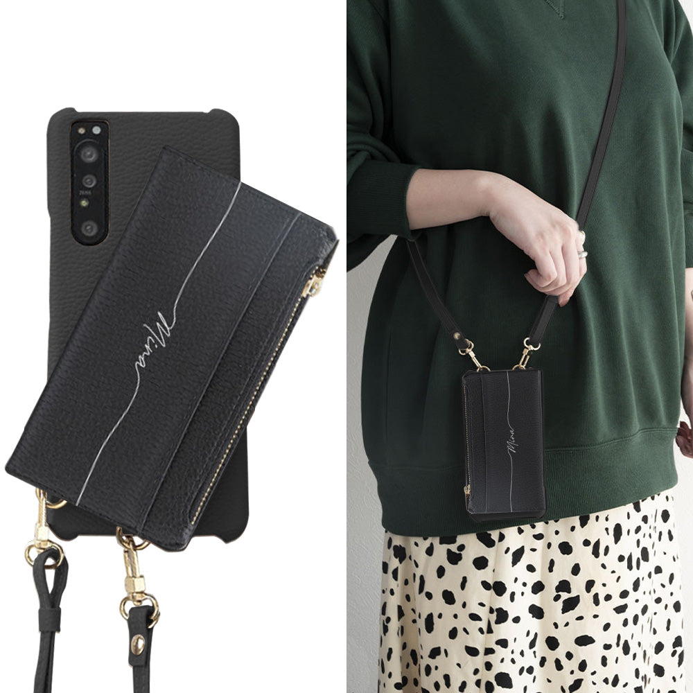 Xperia Ace III SOG08 au 回転式ミニ財布付きスマホショルダー くすみカラー Simple 名入れ
