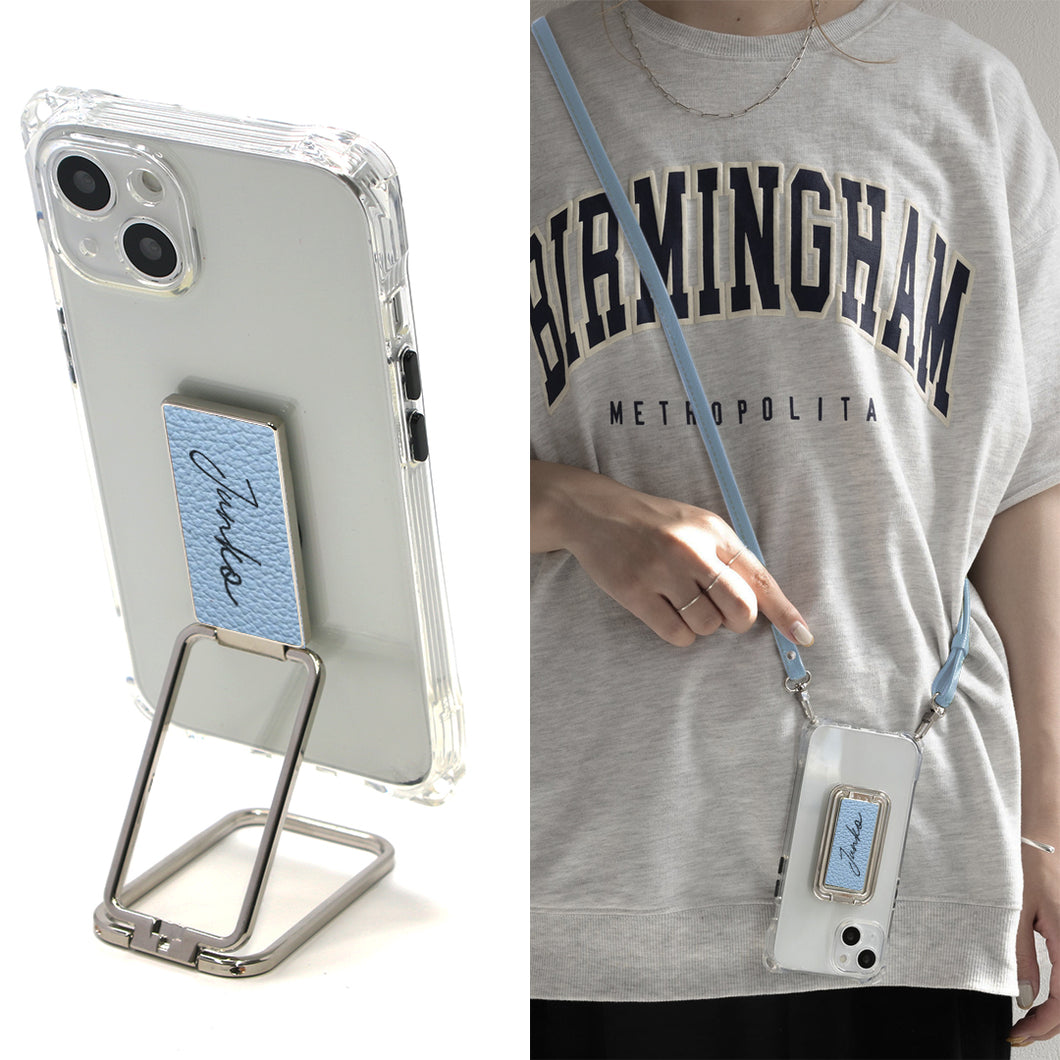 iPhone16 スマホスタンドになる名入れ多機能リング＆透明クリアケース ストラップ付き