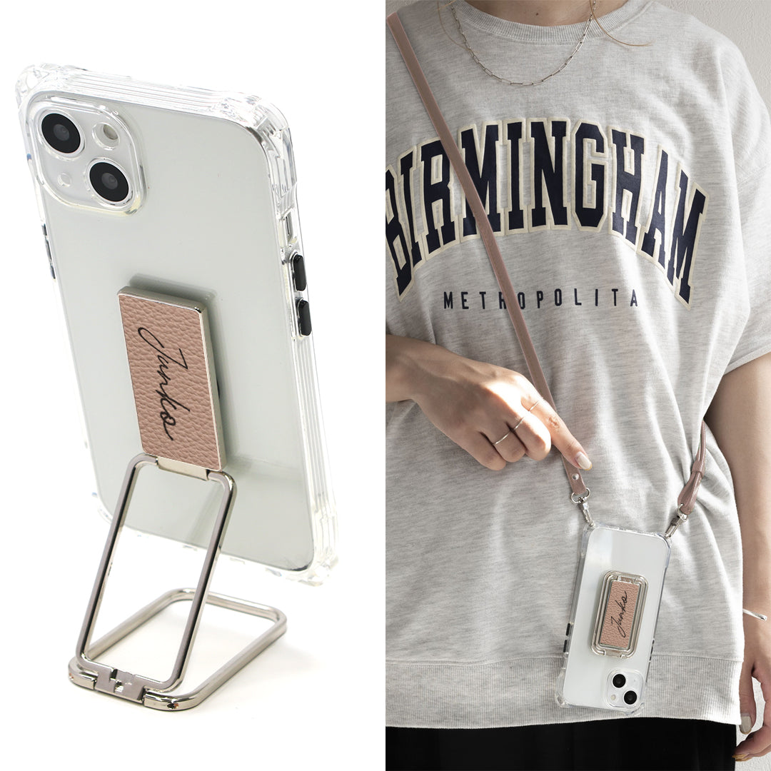 iPhone6 PLUS スマホスタンドになる名入れ多機能リング＆透明クリアケース ストラップ付き