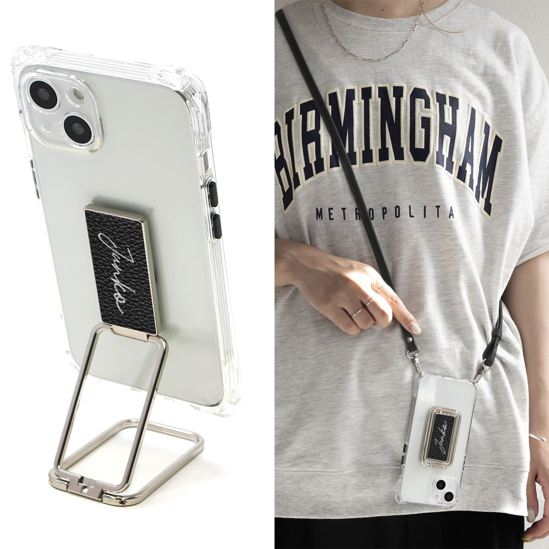 iPhone13 スマホスタンドになる名入れ多機能リング＆透明クリアケース ストラップ付き