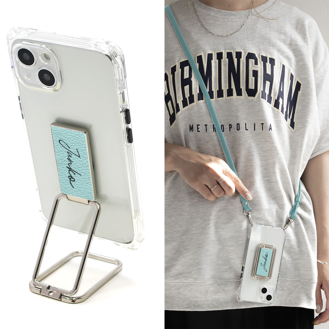 iPhone14 Pro スマホスタンドになる名入れ多機能リング＆透明クリアケース ストラップ付き